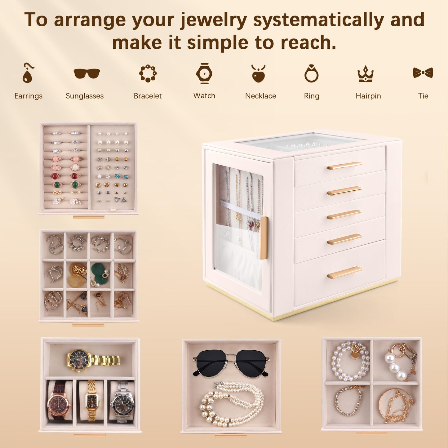 Homeanda Jewelry Box for Women with Glass Lid, 5 Drawers Jewelry Organizer and Storage for Necklaces, Rings, Earrings, Bracelets, Gift for Girls and Teens,PU Leather (Beige)