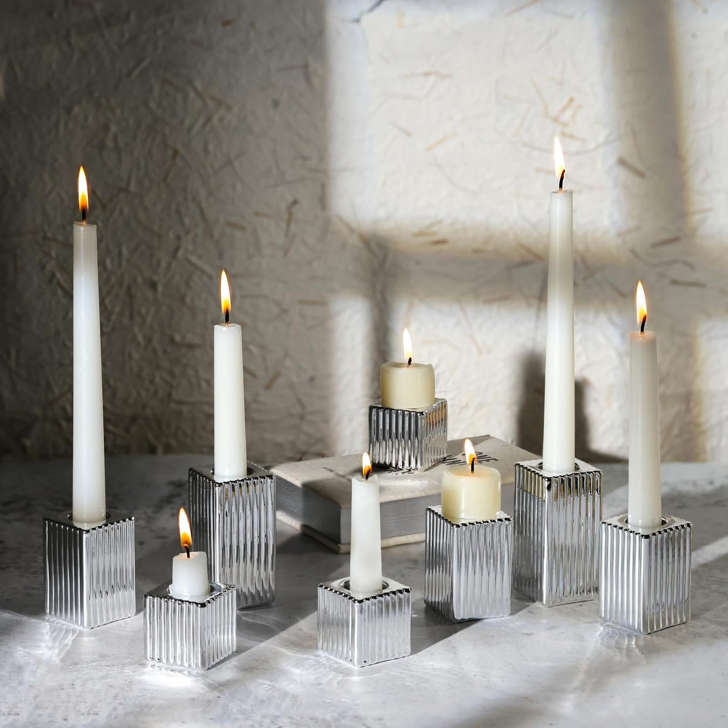 LETINE 12pcs Silver Vertical Stripe Glass Candlestick Holders - Chic Taper Candle Sticks Holder Set for Elegant Dining & Home Decor - Ideal for Valentine's Day, Halloween, Thanksgiving