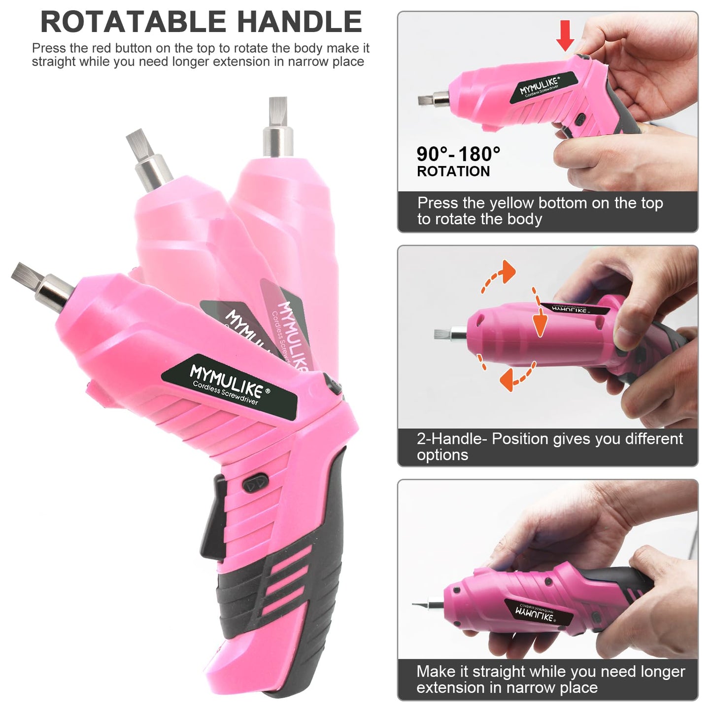 MYMULIKE Cordless Electric Screwdriver, 3.6V Rechargeable Power Screwdriver with 47 pcs Accessories, usb charging, 3Nm Screw Gun, mini Carrying screwdriver set with LED Light Electric Power Drill Set