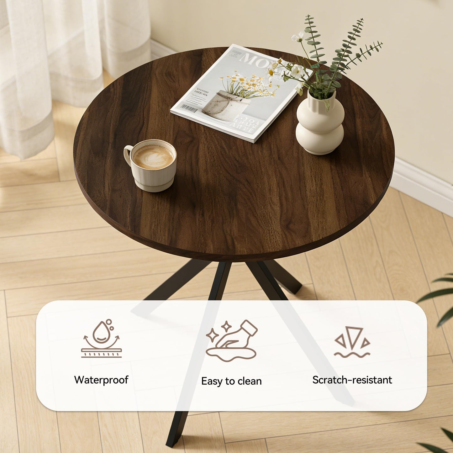 domusdisn 31.5" Round Dining Table Chairs Set for 2, Small Dining Table Chairs Set Space-Saving, Small Dinette Sets for 2 for Kitchen Dining Room Apartment(Walnut Table + Brown Chairs)
