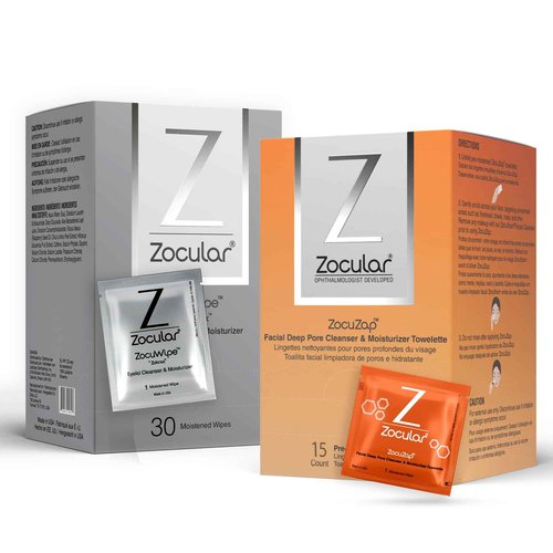 Zocular Zocuwipe Eyelid Wipes Eyelid Cleanser and Moisturizer Pads 30ct + Zocular ZocuZap Facial Wipes, 15 Count Bundle