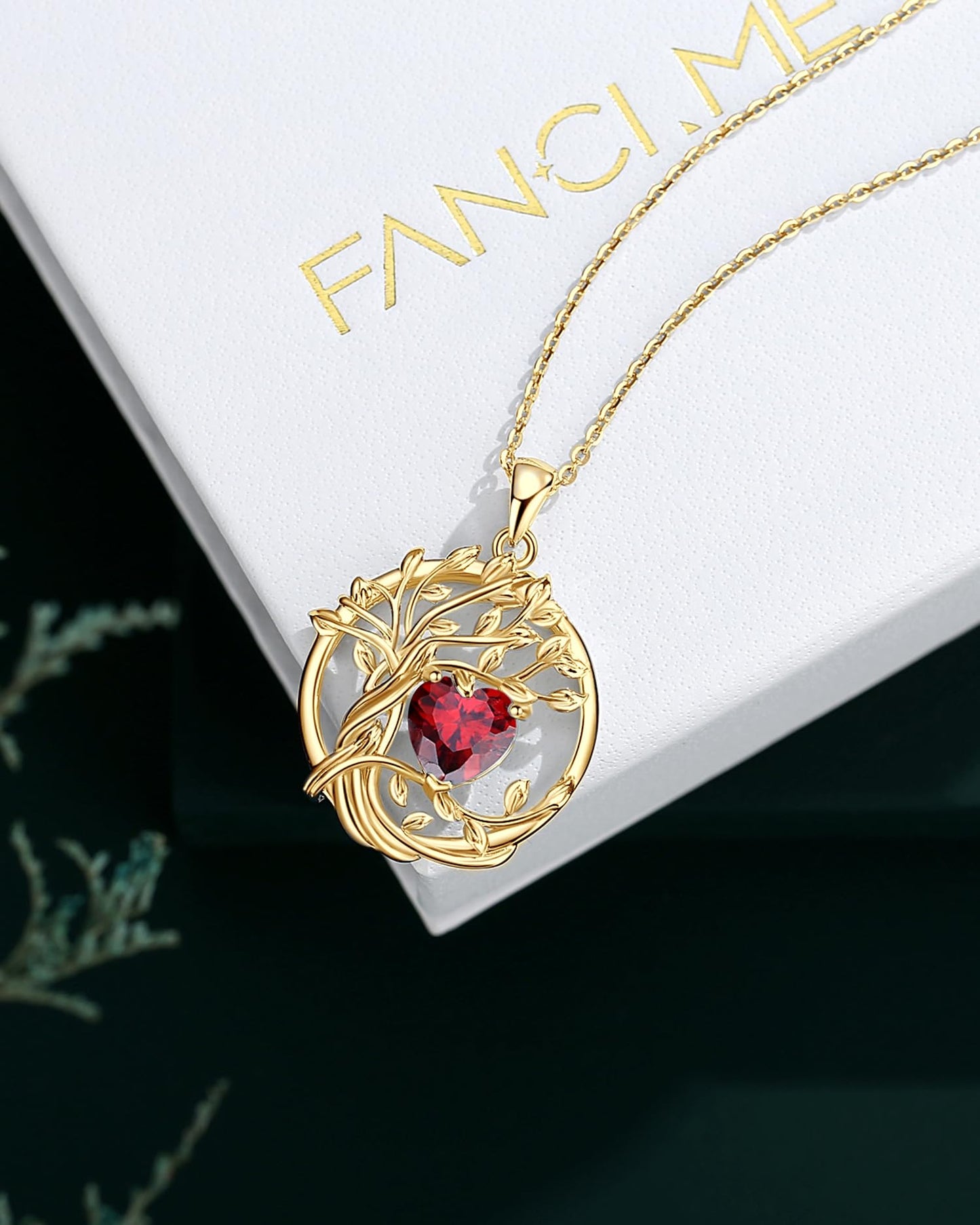 FANCIME Tree of life July Birthstone necklace for women Sterling Silver Yellow Gold Plated Tree Jewelry Ruby Pendant Red Gemstone Anniversary Birthday Mothers Day Gifts for Wife Mom Her
