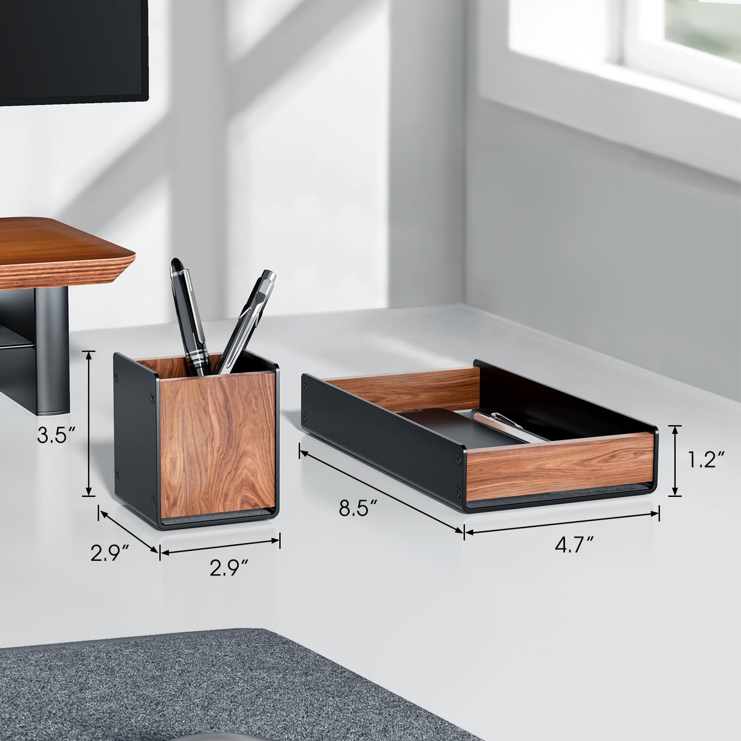UPERGO Walnut Desk Tray with Pen Holder Set, Natural Wooden Desk Drawer Organizer Office, Organizer Tray for Keys, Pen, Watch