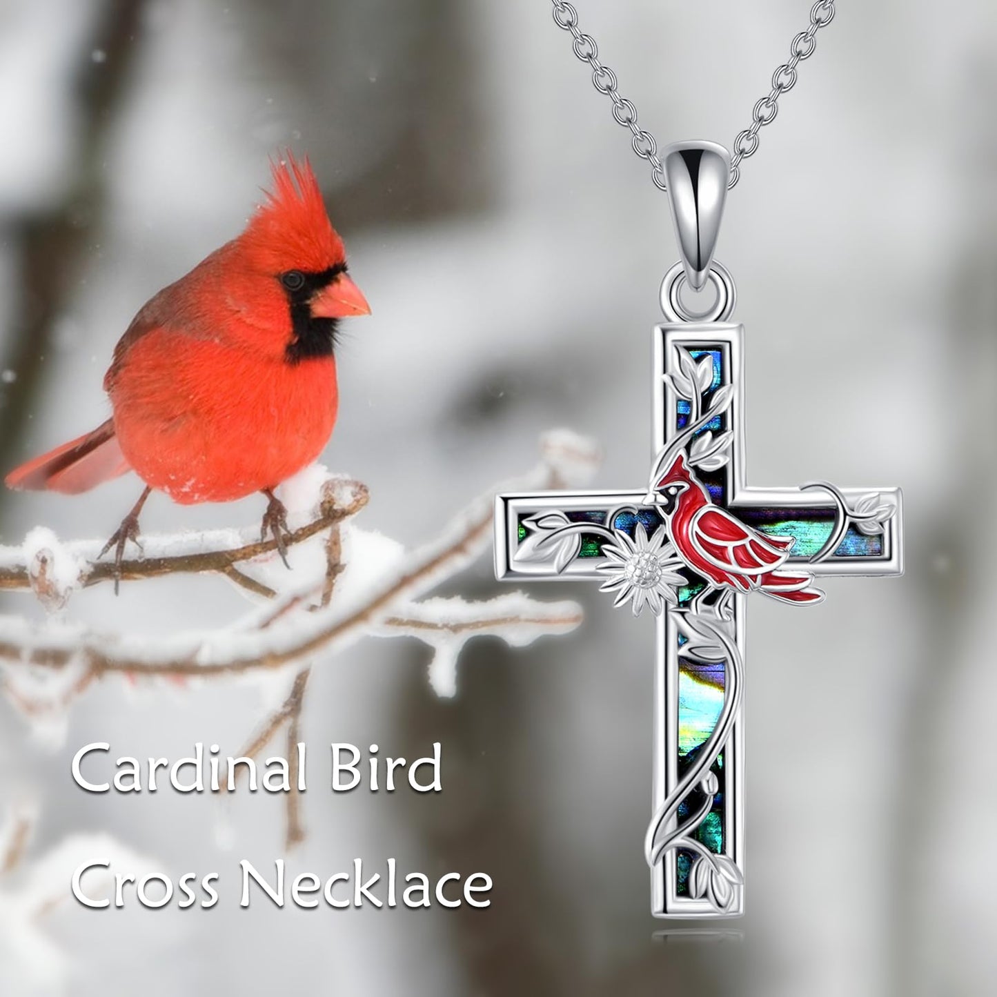 YFN Sunflower Cross Necklace Sterling Silver Red Cardinal Cross Pendant Abalone Shell Jewelry Religious Christian Baptism Gifts for Her Women