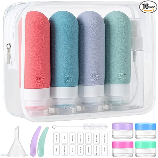 16pack Travel Bottles for Toiletries, TSA Approved LeakProof Squeezable Silicone Toiletry Containers for Shampoo, Conditioner, 3oz Portable Refillable Travel Size Liquid Containers (16Pcs/Warm Color）