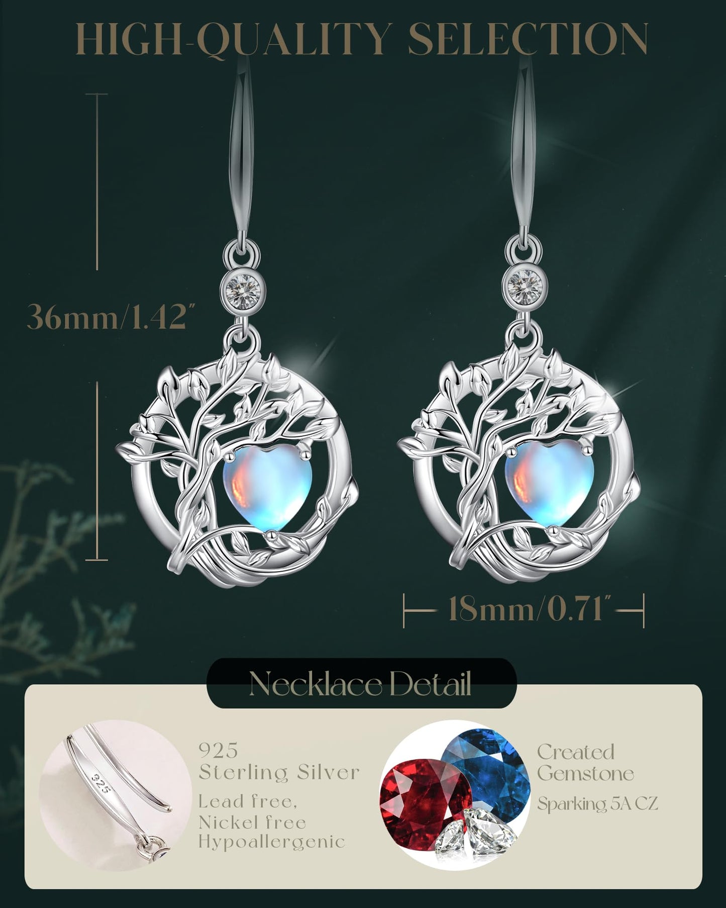 FANCIME Tree of Life Earrings 925 Sterling Silver Dainty Moonstone Dangle Drop Gemstone Earring June Birthstone Fine Jewelry Birthday Mothers Day Gifts for Mom Her Women
