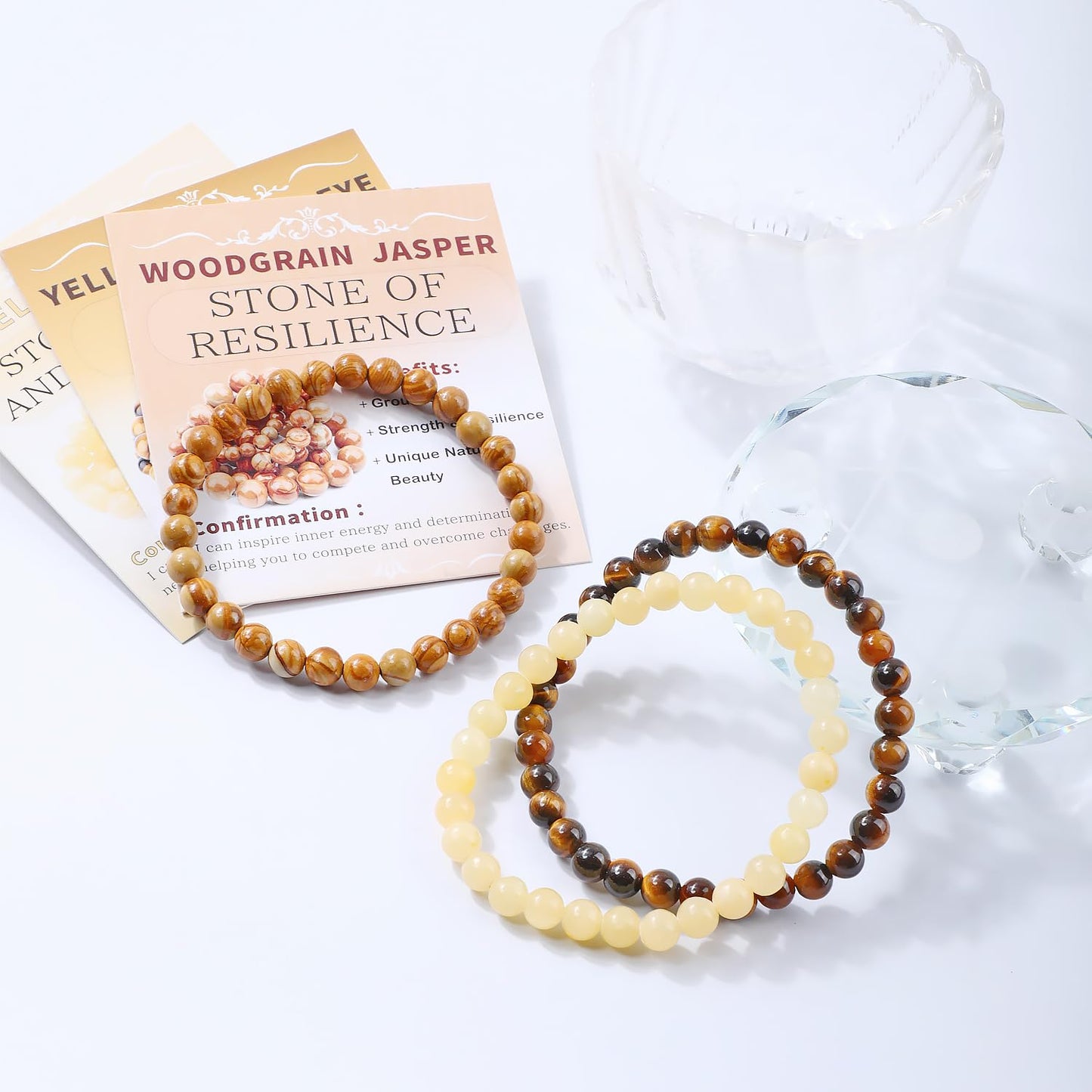 NCB 3-Piece 6mm Natural Crystal Gemstone Stretch Bracelets – ﻿Woodgrain Jasper, Yellow Jade, Yellow Tiger's Eye Handmade Reiki Energy Healing Jewelry for Meditation,Yoga, Unisex