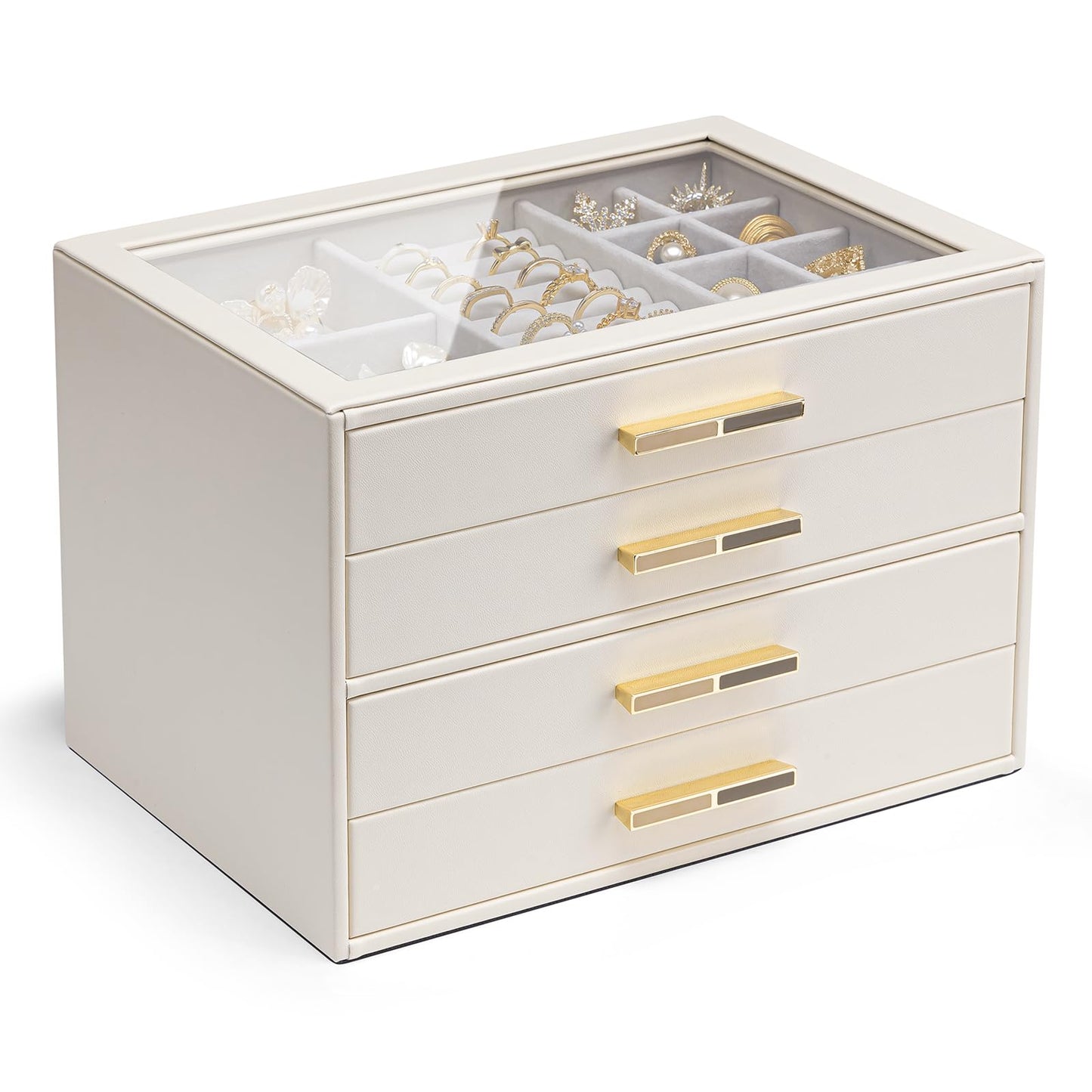 VLANDO 4-Drawer Jewelry Box with Glass Lid, Faux Leather Organizer for Rings Earrings Necklaces and More, Gift-Ready Jewelry Case for Women Girls or Moms, Beige