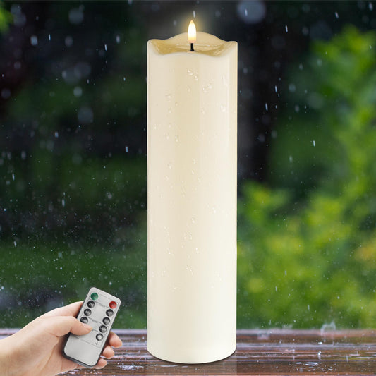 AFINETH 4" x14" Outdoor Candles with Timer Waterproof Large Flickering Flameless Candles with Remote Plastic Tall Pillar Candles for Indoor Outdoor Use, Ivory 1Pack