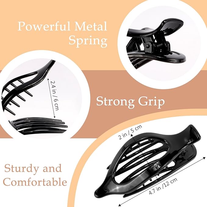 Black Hair Barrettes - Alligator Claw Clips, 3 French Lay Down Duck Billed Clips for Thin Hair