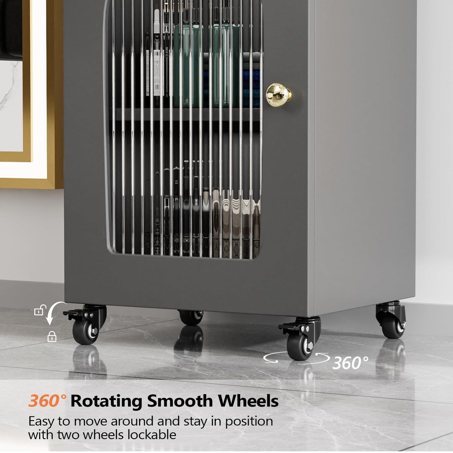OmySalon Salon Cart with Wheels, 3-Tier Rolling Beauty Cart with Glass Door & Dryer Holder, Mobile Hair Styling Station for Barber, Spa, Esthetician, Nail & Tattoo Artists, Lockable Storage, Grey