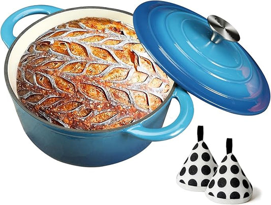 Enameled Cast Iron Dutch Oven with Lid, 3 Quart Heavy Duty Cookware Pot with Dual Handles for Bread Baking, Braising, Stews, Roasting and Oven Safe, Blue