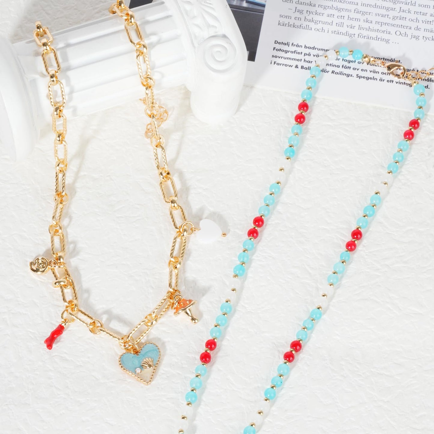 NEKOL Layered Gold Heart Necklaces for Women Western Summer Beach Ocean Vacation Gold Chain Jewelry Accessories Gifts Boho Sea Shell Conch Coral Mushroom Choker Cute Pendant Beaded Necklace Stack