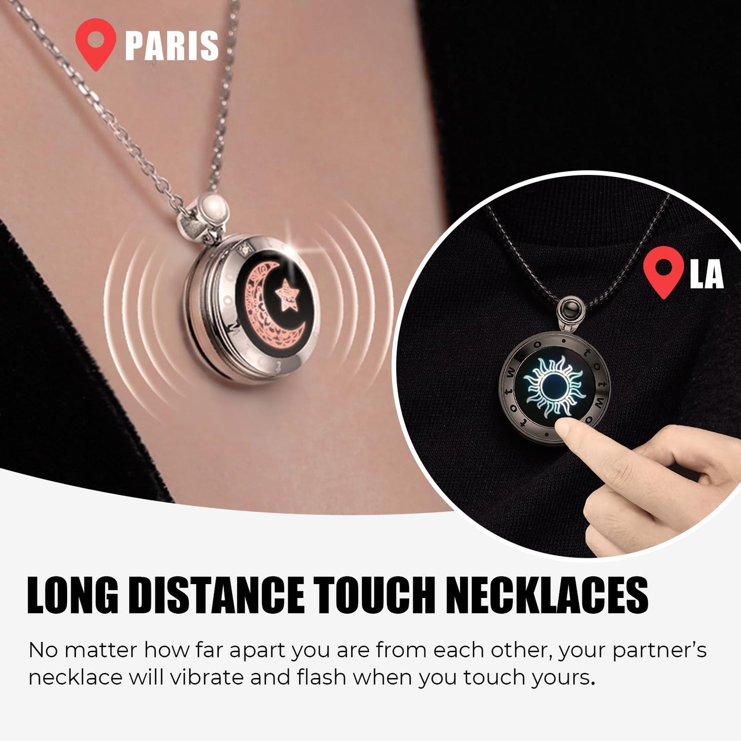 Long Distance Touch Necklace for Couples, Vibration & Light Up Smart Love Jewelry, Long Distance Relationship Gifts for Girlfriend Boyfriend Her Him, One-to-One Bluetooth Pairing via the Companion App