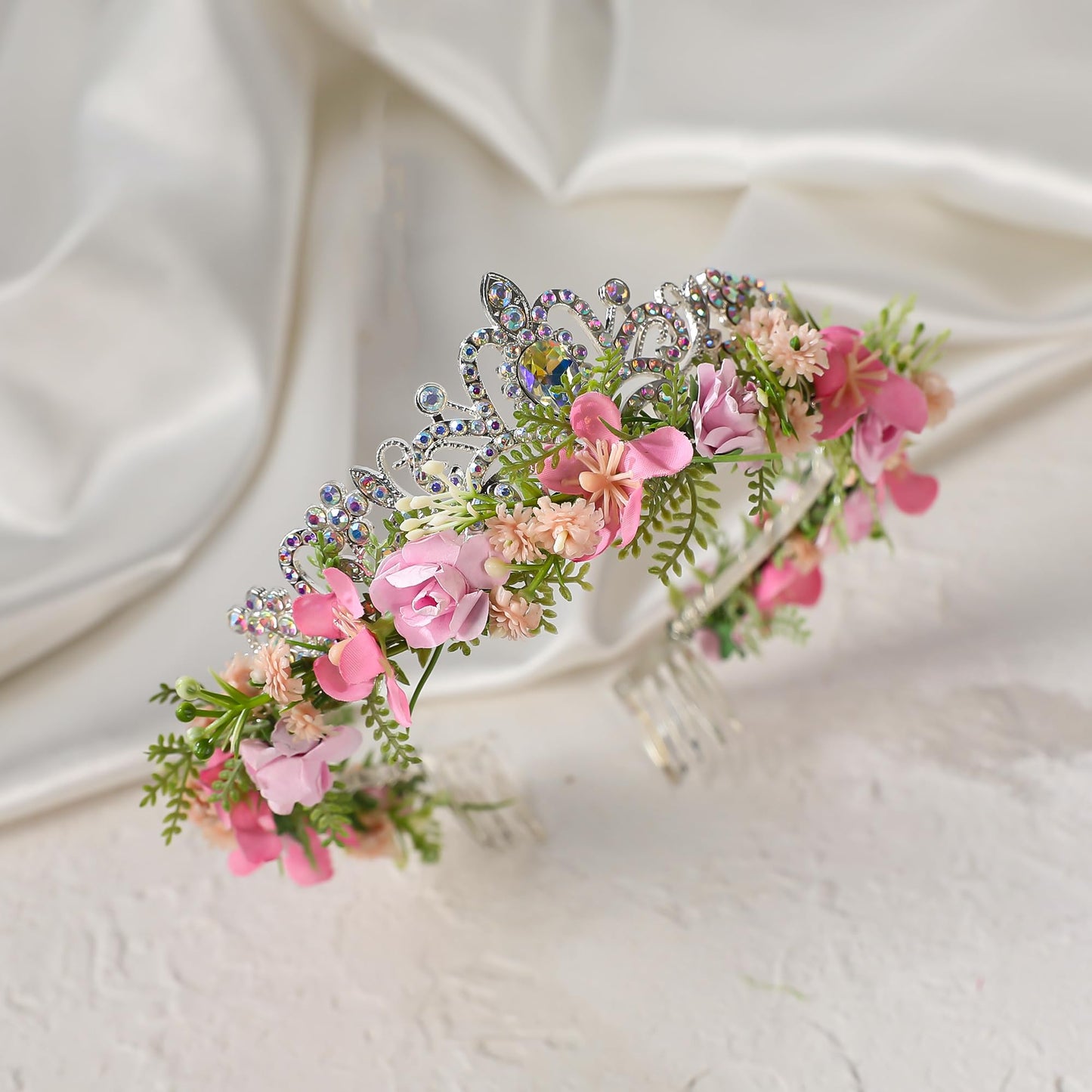 KorViSHOW Pink Flower Crown Headband, Fairy Princess Floral Headpiece, Bridal Flower Tiaras for Women Girls Maternity Birthday Wedding Renaissance Festival Party Hair Accessories