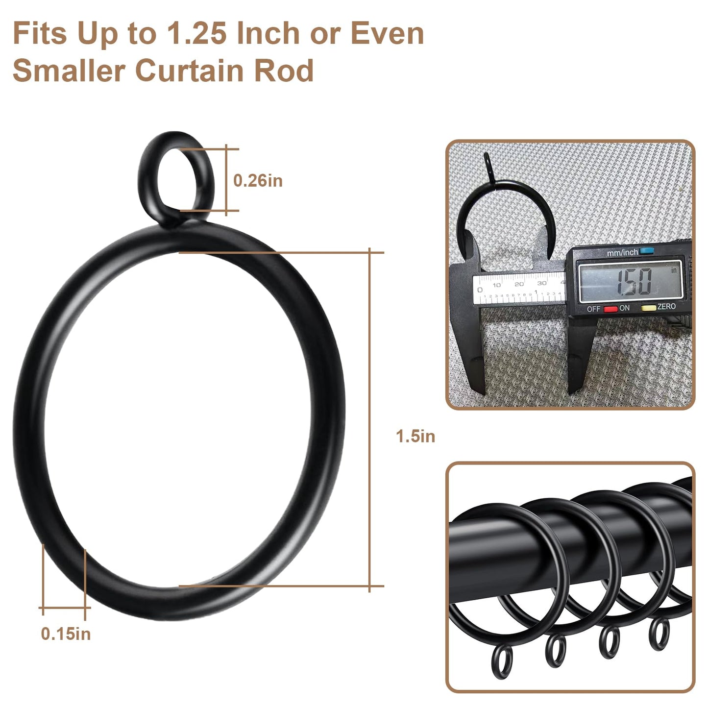 Black Curtain Rings Bulk 50Pack, 1.5 inch Inner Metal Drapery Rings with Eyelets, Diameter Drapery Rings Apply for Curtain Rods(Fits Up to 1 1/4-Inch Rod)