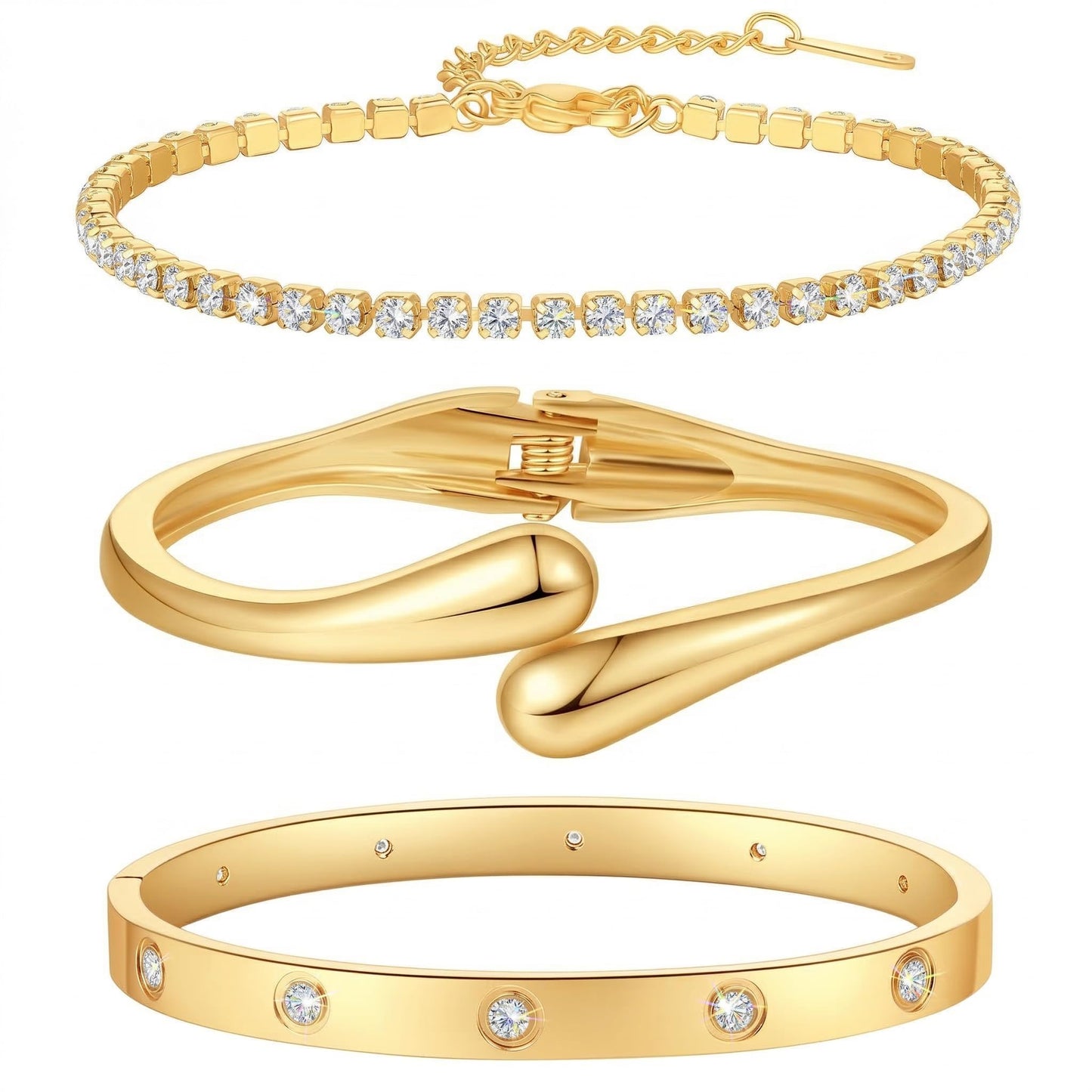 Mothers Day Gifts for Mom 18K Gold-Plated Bracelet Set – Floral Clover, Tennis, Chunky Adjustable Twist Cuff, Classic Gold-plated Bangle Stainless Steel, Non Tarnish, Stackable Bracelet Gift for Women