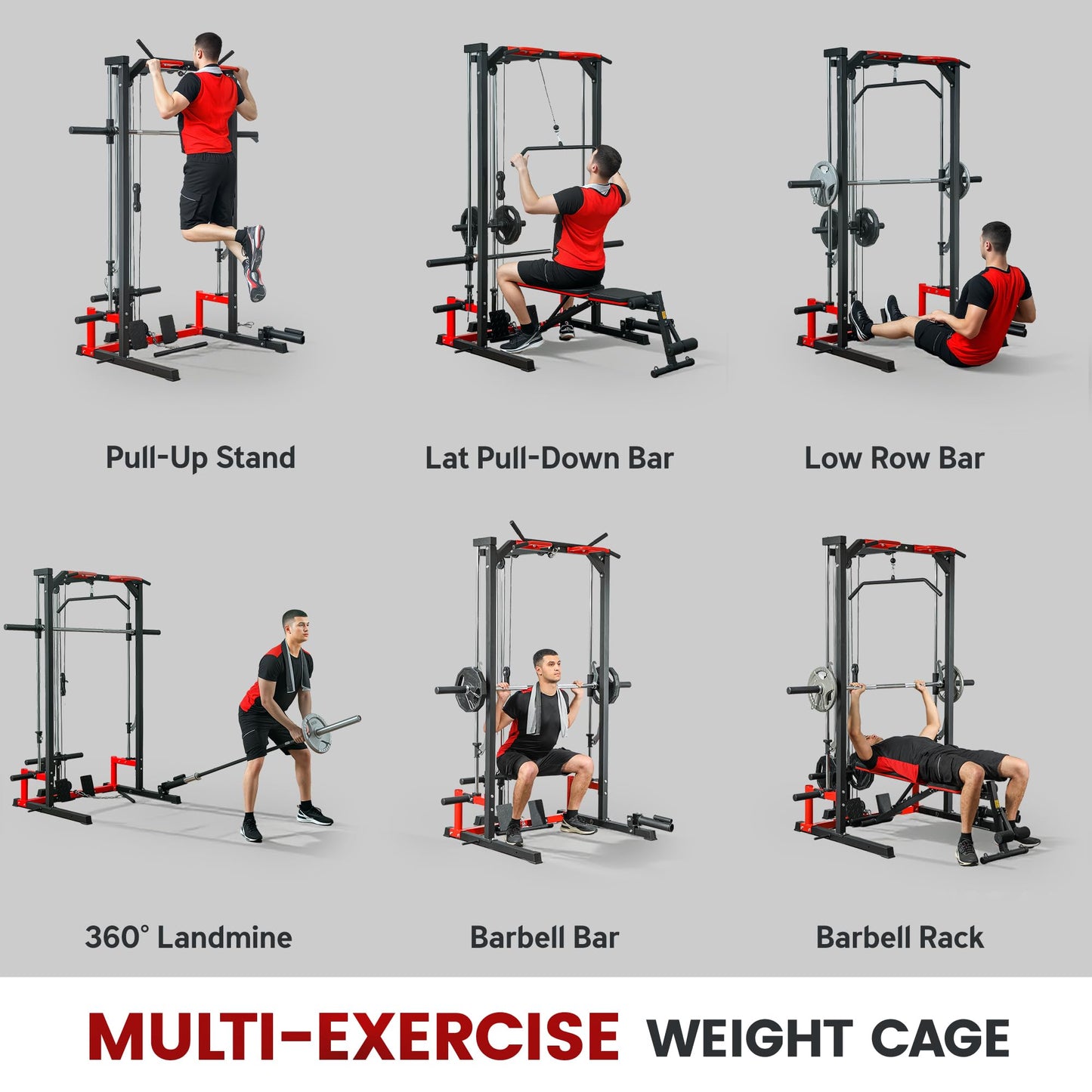 Soozier Power Cage Smith Machine, Multi-Function Power Rack with Pull Up Bar, LAT Pull Down System and Squat Rack, Barbell Bar, Plate Storage Posts, Landmine, for Home Gym