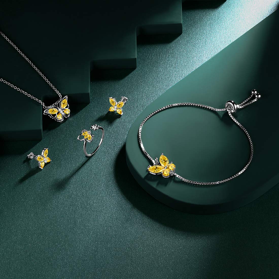 Hipunk Butterfly Yellow Jewelry Sets Birthstone Women 925 Sterling Silver November-Citrine Birth Stone Animal Butterflies Jewelry Sets/Earring/Ring/Bracelet Set Crystal Birthday Jewelry SS0003N
