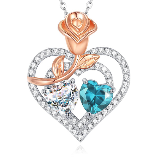 AGVANA April December Birthstone Jewelry CZ Blue Topaz Necklace Sterling Silver Rose Flower Heart Double Birthstone Pendant Necklace Anniversary Birthday Gifts for Women Mom Wife Lady Her