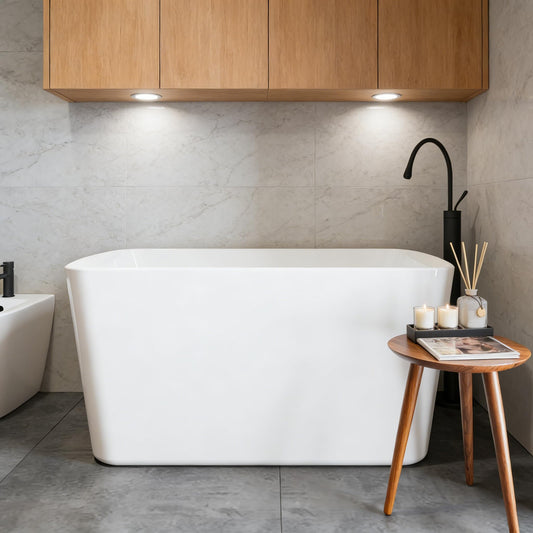 Acrylic Freestanding Bathtub, Soaking Tub with Seat, Toe-Tap Drain, Slotted Overflow, Deep Ergonomic Design, CUPC Certified, Glossy White, 49"