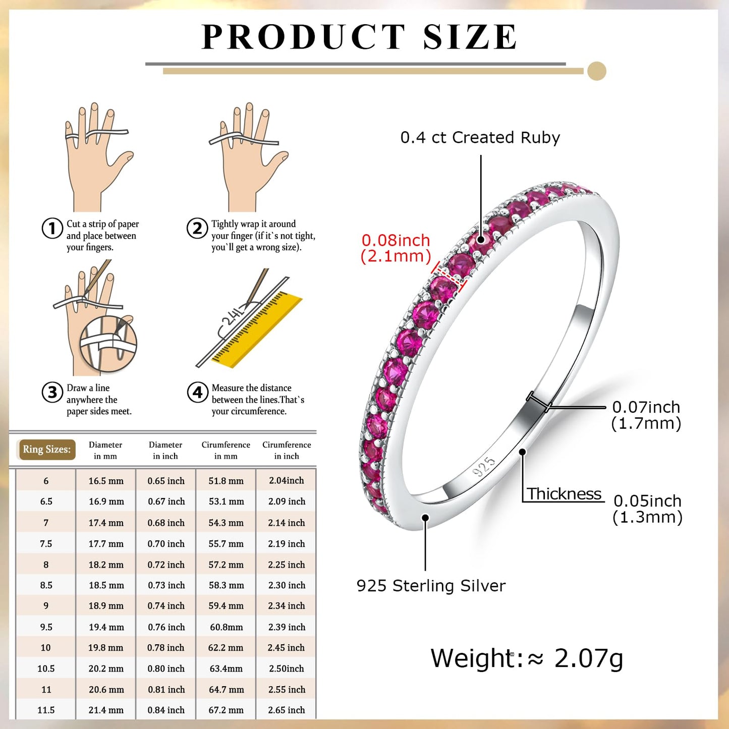 AGRULE Ruby Birthstone Ring 0.4 Cttw Half Eternity Band Rings 14k White Gold Plated Sterling Silver Bezel Set July Birthstone Wedding Bands 1.7mm Wide Anniversary Rings for Men Women, Size 7