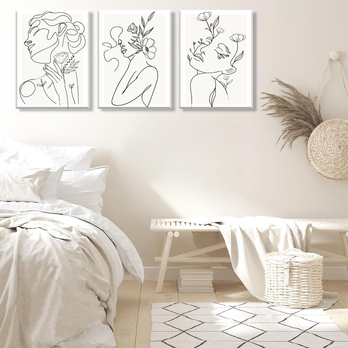 yulihaz Minimalist Woman Flower Line Wall Art Set of 3 Neutral Modern Abstract Black and White Girl Canvas Painting Poster Prints Picture Wall Decor for Bedroom Living Room Framed 12x16 inch