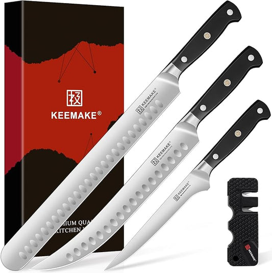 KEEMAKE Carving Knife Set - 12" Brisket Knife & 10" Butcher Knife & Boning Knife Set for Meat Ham Cutting Razor Sharp with Ergonomic Handle Full Tang Design