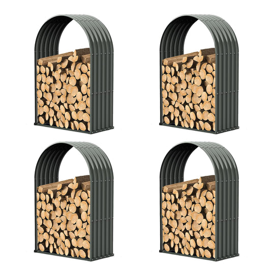 A ANLEOLIFE 4-Set Galvanized Steel Firewood Storage Rack with Weatherproof Corrugated Roof, Heavy Duty Outdoor Log Holder for Patio Porch Fire Pit, Arch Gray