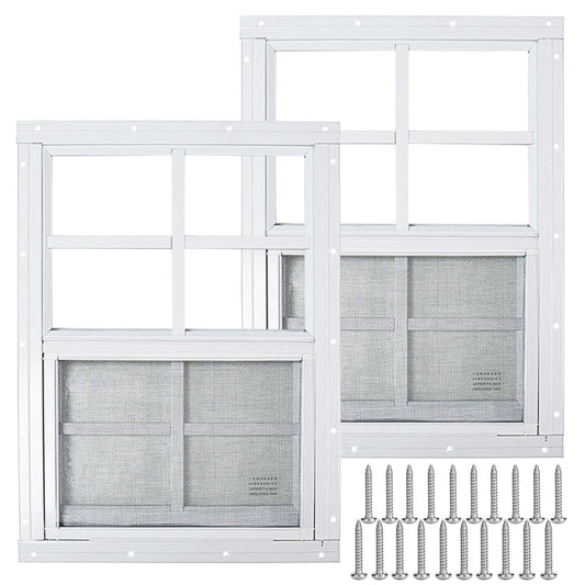 2 Pack White Shed Windows 18" x 23" Flush Mount Window with Tempered Glass and Fiberglass Screen for Chicken Coop Sheds Barns Playhouse