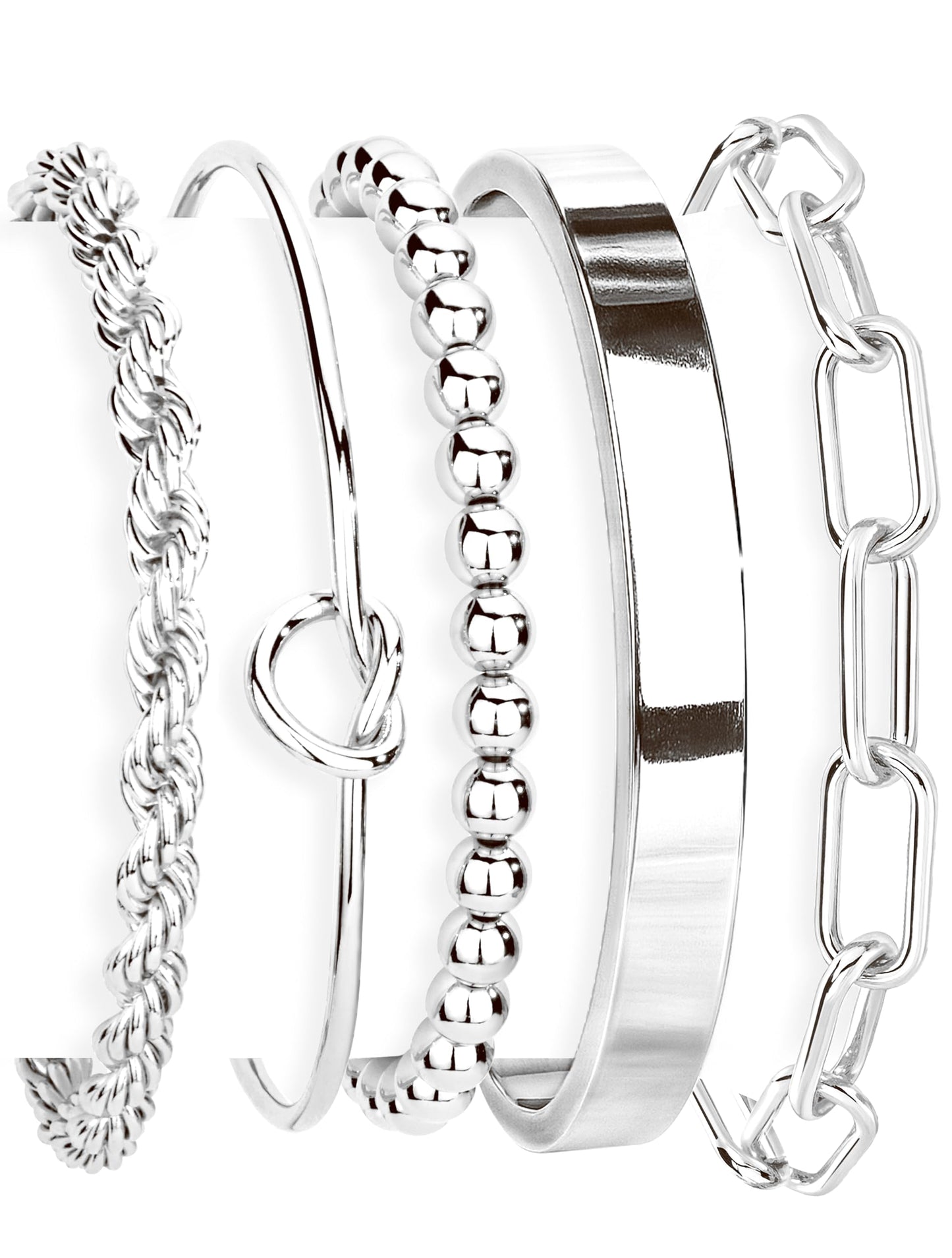 Gokeey Silver Cuff Bracelets for Women,Dainty Silver Bangles Bracelets Set for Women, Paperclip Link Chain Rope Beaded Tie Knot Bracelets Stack Chunky Jewelry