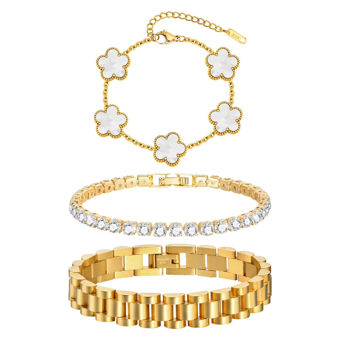 Stackable Gold Floral Bracelets Set - 3pcs 18K Gold Plated Bracelet Non-tarnish,Stainless Steel Link Chain Friendship Bracelet,Watch Band Trendy Jewelry,Christmas Valentines Birthday Gifts for Women