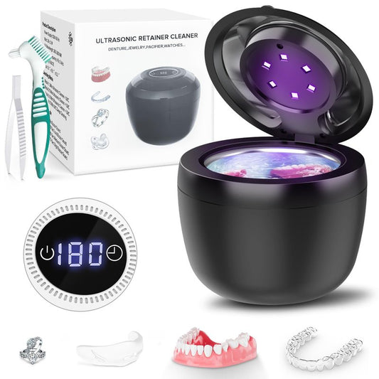 45kHz Ultrasonic Retainer Cleaner Machine, 200ML Denture Cleaner, 4 Modes with Digital Timer Mouth Guard Cleaner, Night Guard Cleaner Dental Cleaning Pod for Aligner, Braces, Jewelry (Dark Black)