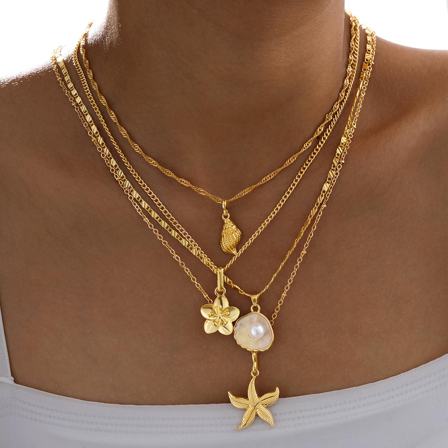 4 Pcs Seashell Starfish Necklace for Women Gold Starfish Pearl Boho Necklace Trendy Shell Flower Pendant Necklace Dainty Multi Layered Seashell Necklace Summer Beach Vacation Jewelry Gifts (flower)