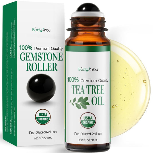Tea Tree Essential Oil Roll On for Acne Blemish Clear Skin Care - 100% Pure USDA Organic MCT Coconut Oil - Face Body Nail Cuticle Purifying Fresh Skin Care Cleansing - Gemstone Roller 10ml Travel Size