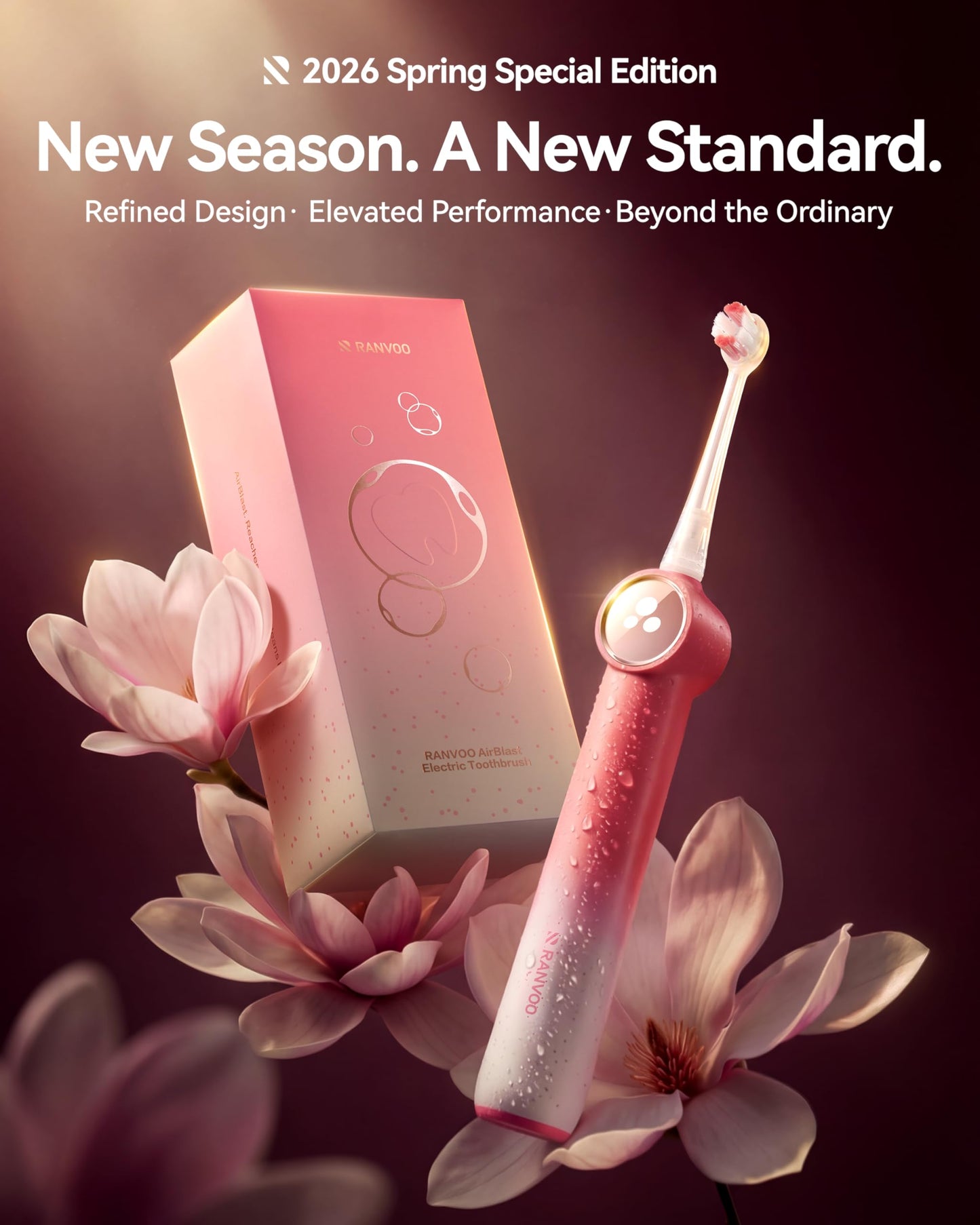 RANVOO AirJet X5 [Gift-Ready Pink Edition | Next-Gen Jet-Flow] Electric Toothbrush, 100% Plaque Removal, Whitening & Gum Care, 60-Day Battery Life, Rechargeable with 3 Pro Brush Heads, Cyclamen Pink