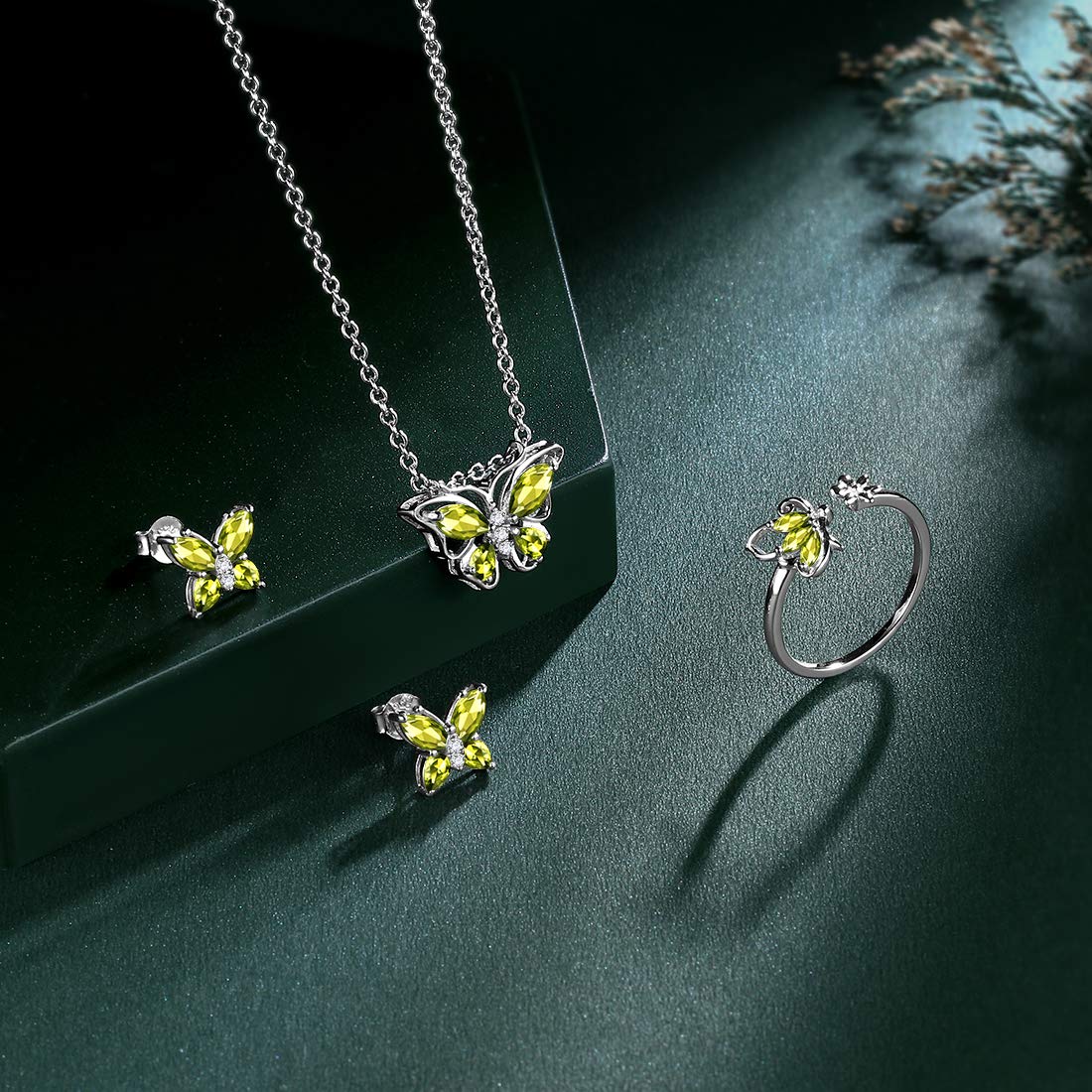Hipunk Butterfly Green Jewelry Sets Birthstone Women 925 Sterling Silver August-Peridot Birth Stone Animal Butterflies Jewelry Sets/Earring/Ring Set Crystal Birthday Jewelry SS0002A