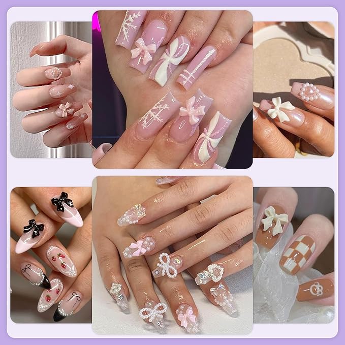 120 Pcs 3D Nail Bow Charms + 2-4mm Nail Pearls Set 6, 6 Colors Cute Bow Charms and White Flatback Pearls with Nail Charm Glue Gel(UV Needed) and Pickup Tools for Nail Art Decoration