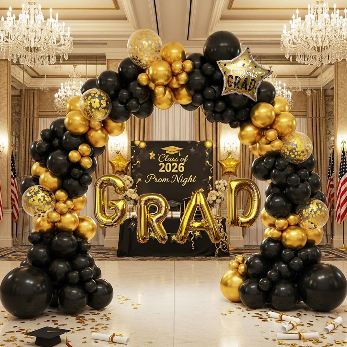 Visondeco Graduation Balloon Arch Kit - 115Pcs Black Gold Graduation Balloon Garland with GRAD Letters and Star Foil Balloons for Class of 2026 Grad Prom Party Decor