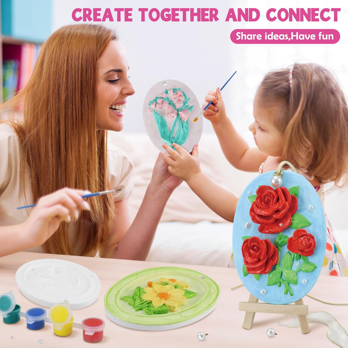 Plaster Painting Kit for Kids & Adults with 3D Ready-to-Paint Ceramic Flowers, 12 Paints, Pearl Stickers & More Bulk Party Favors Birthday Mother’s Day Gifts Home Decor
