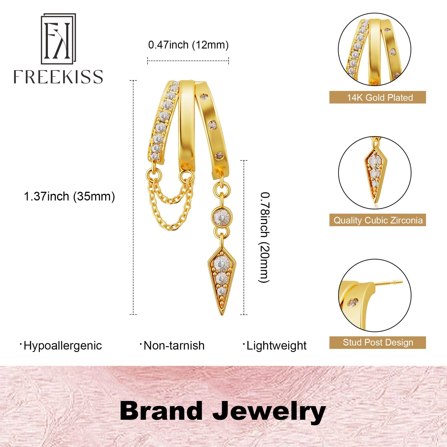 Freekiss Gold 3 Hoop Illusion Huggie Earrings for Women, Dainty Dangle Drop Chain Stud Earrings with Zircon, 14K Gold Plated Hypoallergenic Women Jewelry Trendy