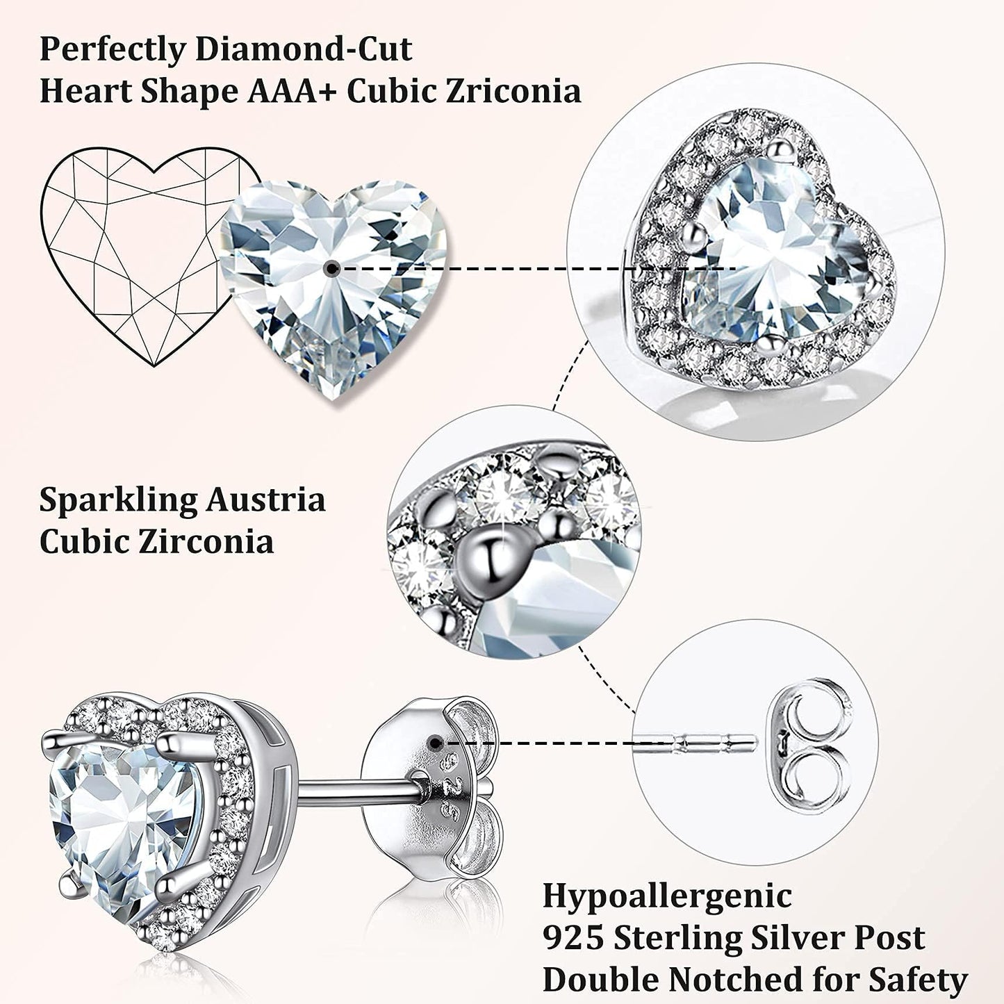 Bestyle 925 Sterling Silver Heart Cut Birthstone Stud Earrings for Women, April White Diamond Stud Earrings with Love and Purity, Best Women Earrings for Everyday Wear