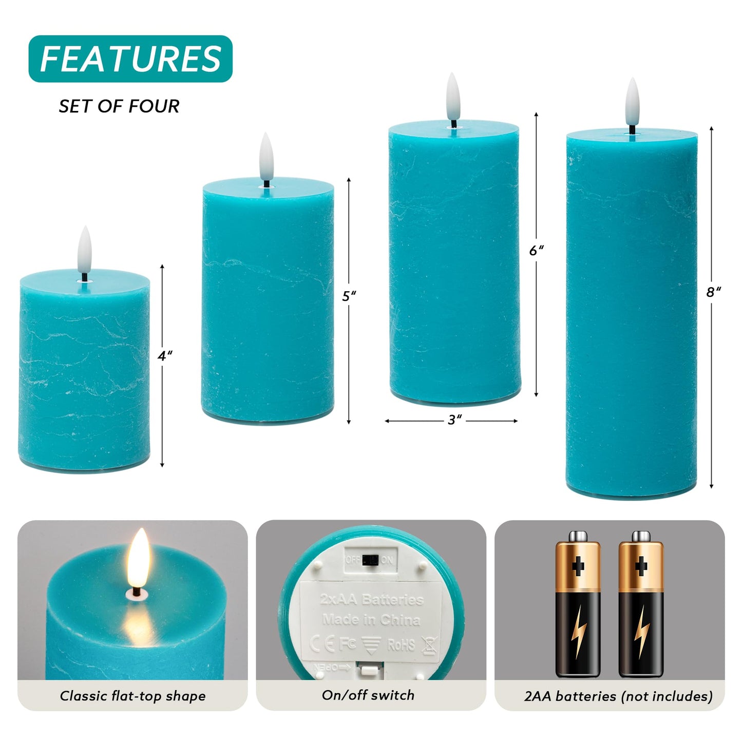 AFINETH Teal Flameless Pillar Candles, Battery Operated Candles with Remote, Real Wax Flickering LED Candles for Home Party Wedding Holiday Decor, Set of 4, Φ 3" H 4"" 5"" 6"" 8"""
