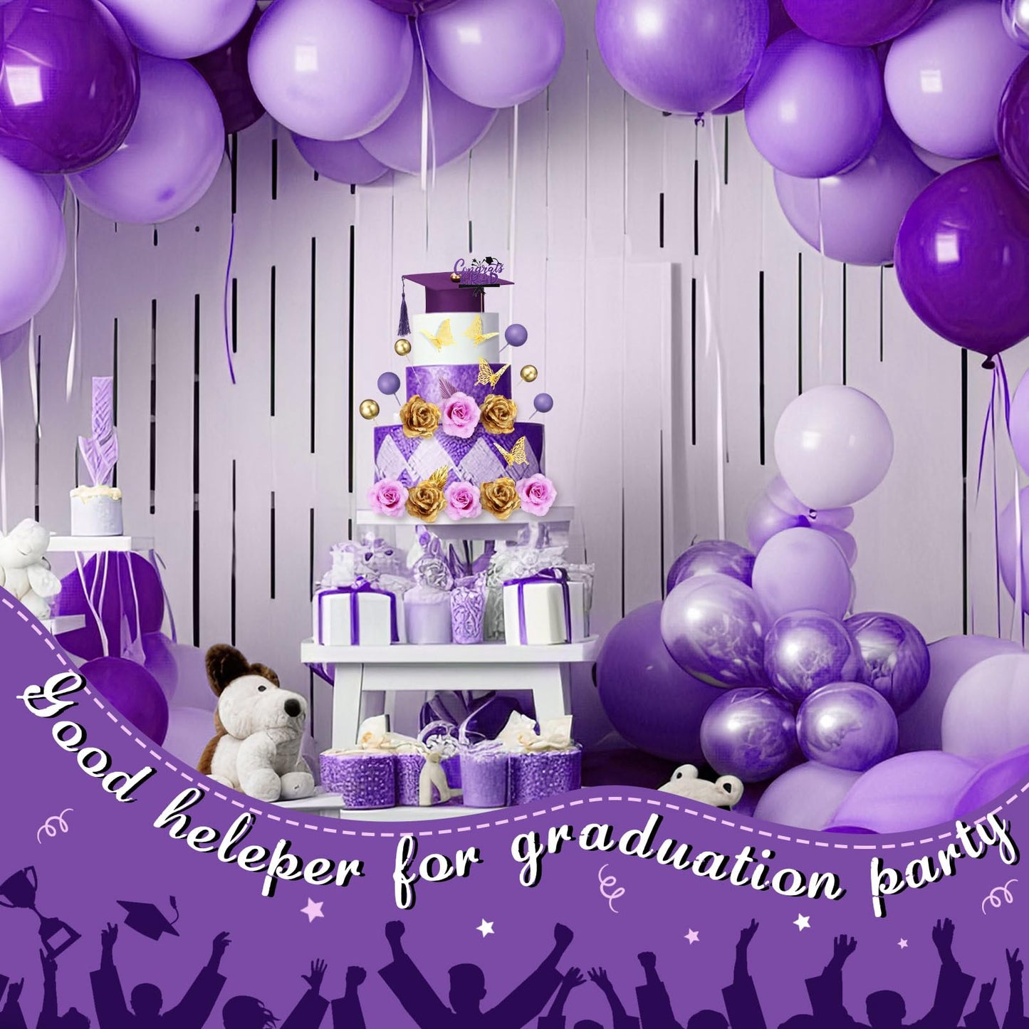 Jingmore Graduation Cake Kit Included Felt Graduation Cap Diploma Classic Black Congrats Grad Cupcake Toppers Beads Leaf Flowers Cake Decorations for Class of 2026 Party(Purple and Gold)