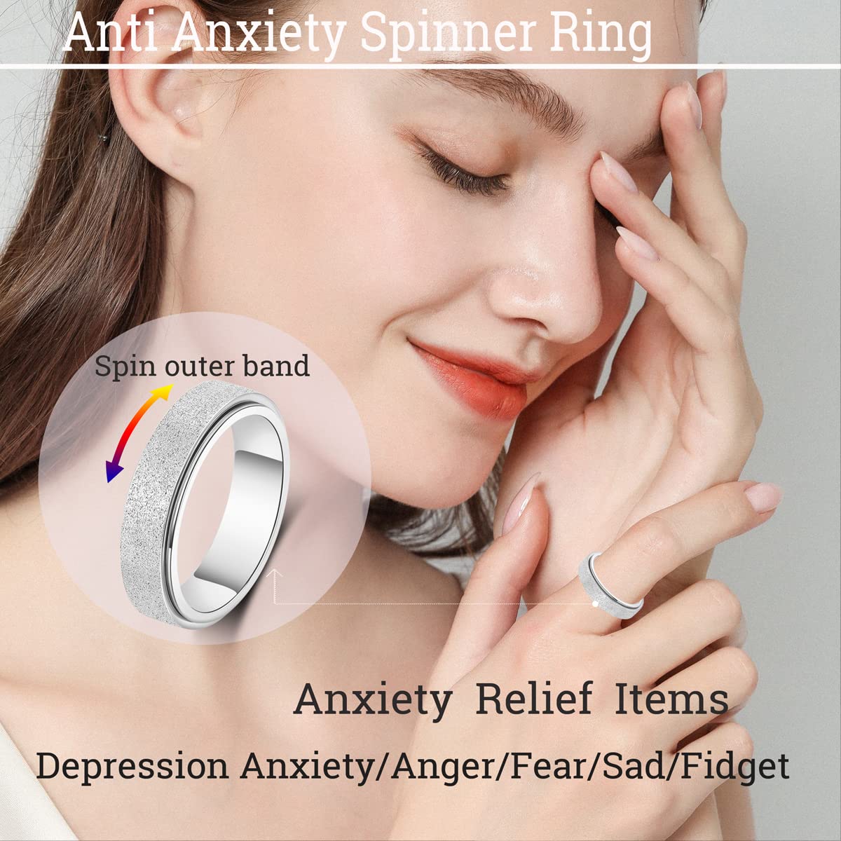 OreilleStar Titanium Stainless Steel Anxiety Ring for Women Men Fidget Toys Adults Spinner Ring 6mm Wide Size 8 Silver Band Ring Sandblasted Finish Outer Hand Polished Inner