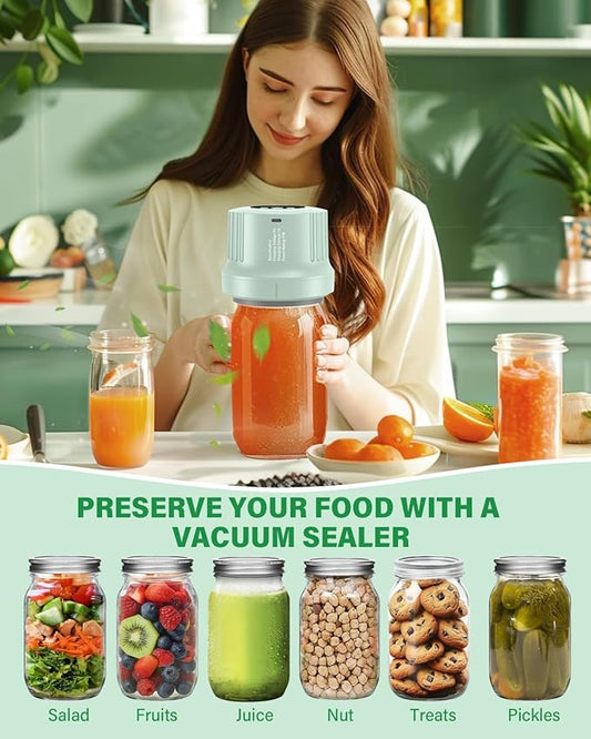 Mason Jar Vacuum Sealer Kit-Full-Automatic-Jar-Sealer-Vacuum-Sealing,3 in 1 Cordless Canning Jar Vacuum sealer with Wide&Regular Mouth Mason Lids/Reusable Vacuum Bags/Food Saver Vacuum Sealer for Jars