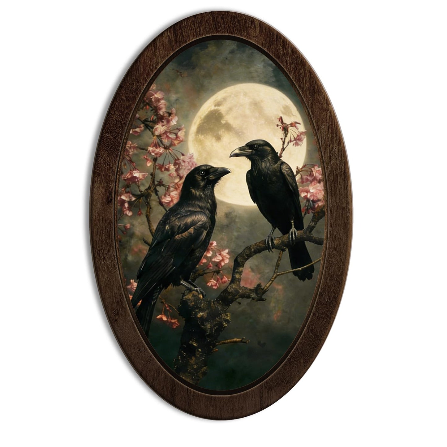 YZSLA Gothic Moody Black Crow Full Moon Framed Wall Art Decor, Dark Academia Witchy Full Moon Raven Floral Oval Wall Art Hanging Decorations for Home Bedroom Living Room, 14.56x9.05 Inch