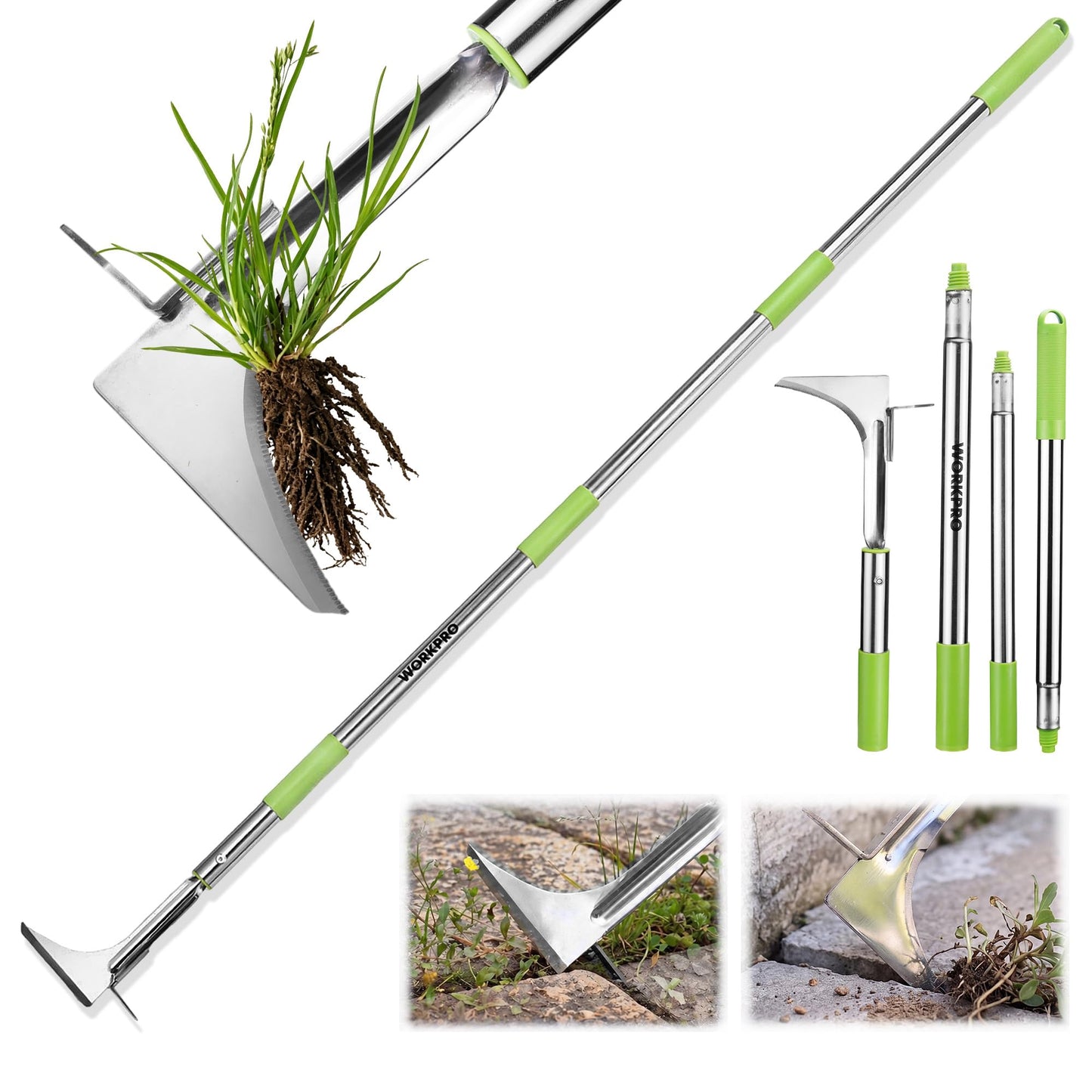 WORKPRO Crack Weeder, Stainless Steel Crevice Weeding Tool with Adjustable Long Handle(27"-54"), L-Shaped Weed Removal Scraper, for Garden Lawn Yard Patio Terrace Paving Garden Hand Tool