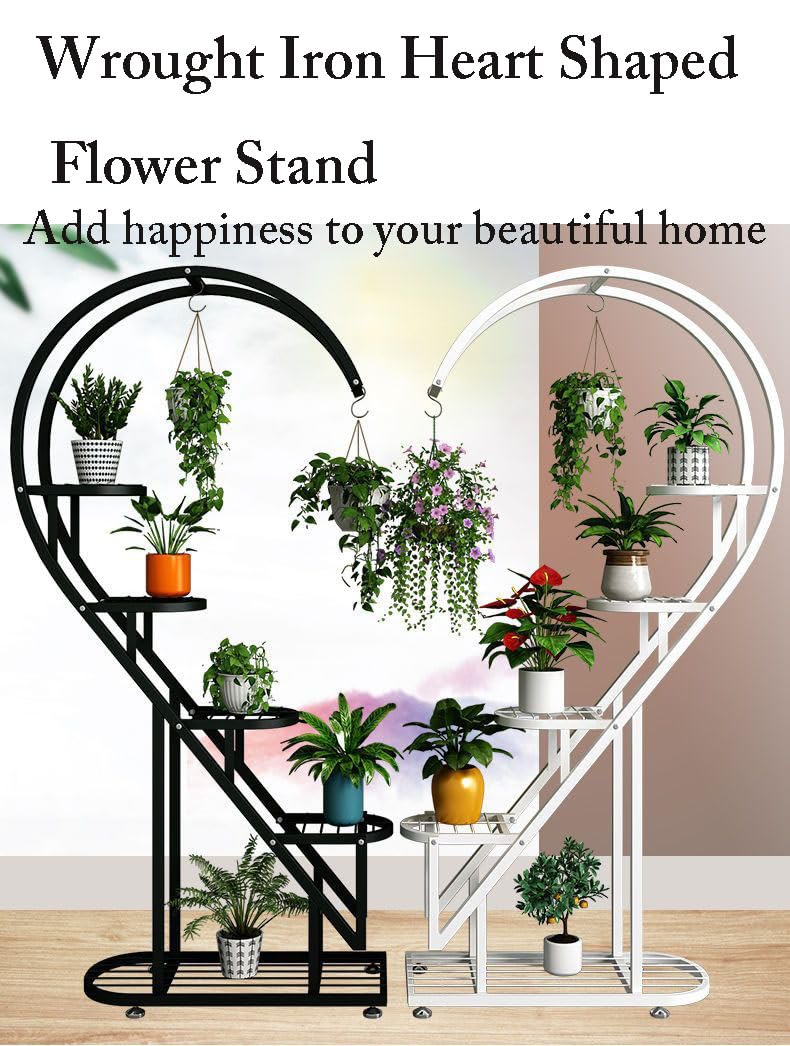 Eiwitany Floor-Standing Wrought Iron Flower Stand Installation Simple Load-Bearing Strong Home Living Room Balcony Heart-Shaped Shelf (Pink)