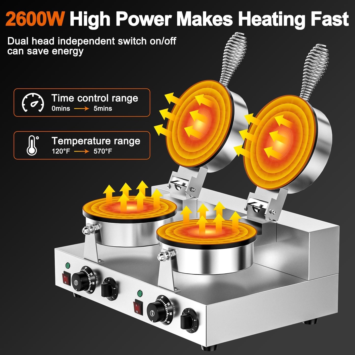 Culistra Commercial Waffle Maker, Dual-Head, Dual Zone Temp Setting, 2600W Stainless Steel Waffle Baker Machine, 50-300°C(120-570℉), Nonstick, for Catering, Restaurant, Snack Stand, CE Certified